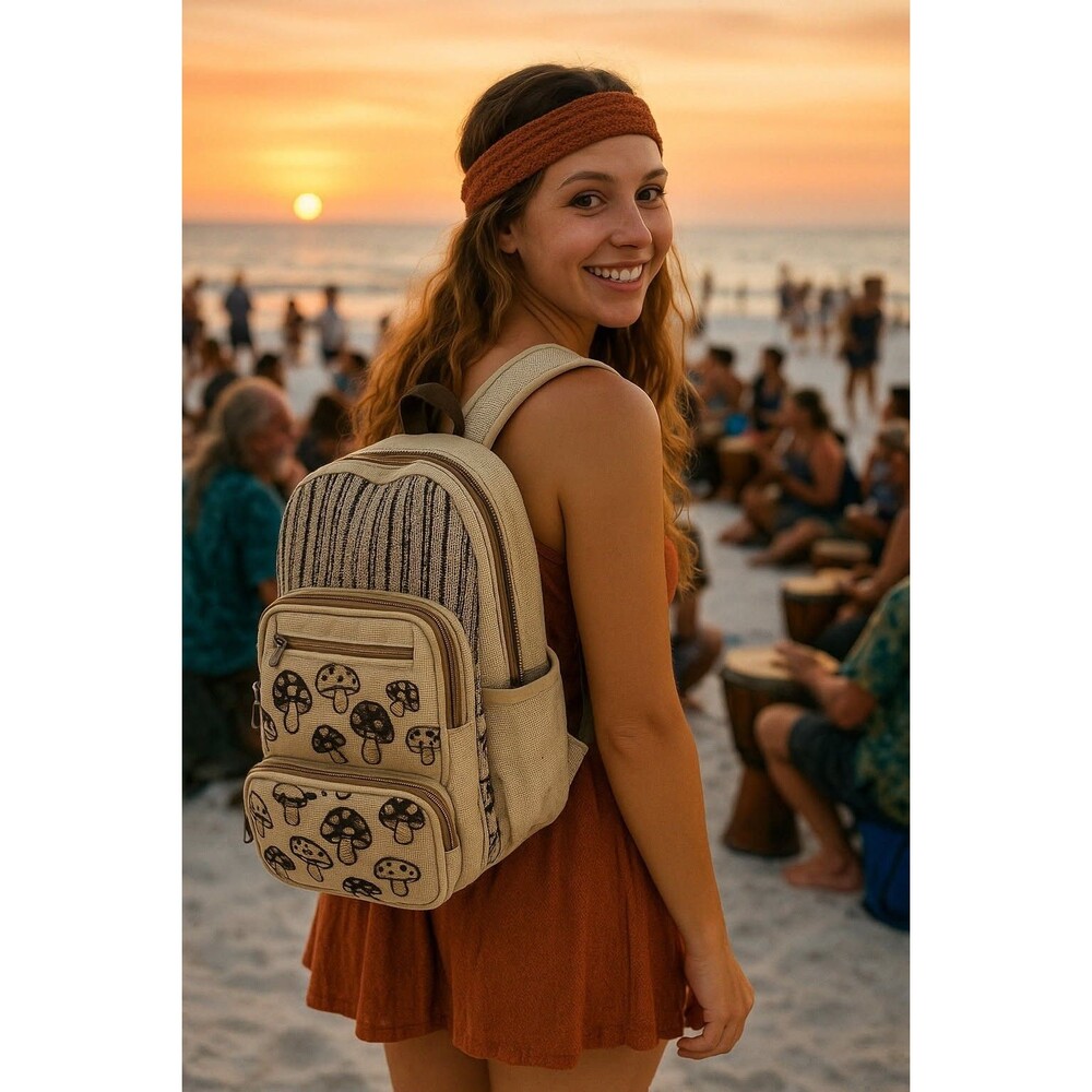 Large Mushroom Striped Backpack Travel School Bag Himalayan Hemp Cotton Neutral